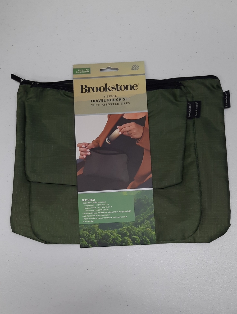 Brookstone 3-Piece Travel Pouch Set Olive Green Lightweight Zippered Organizer